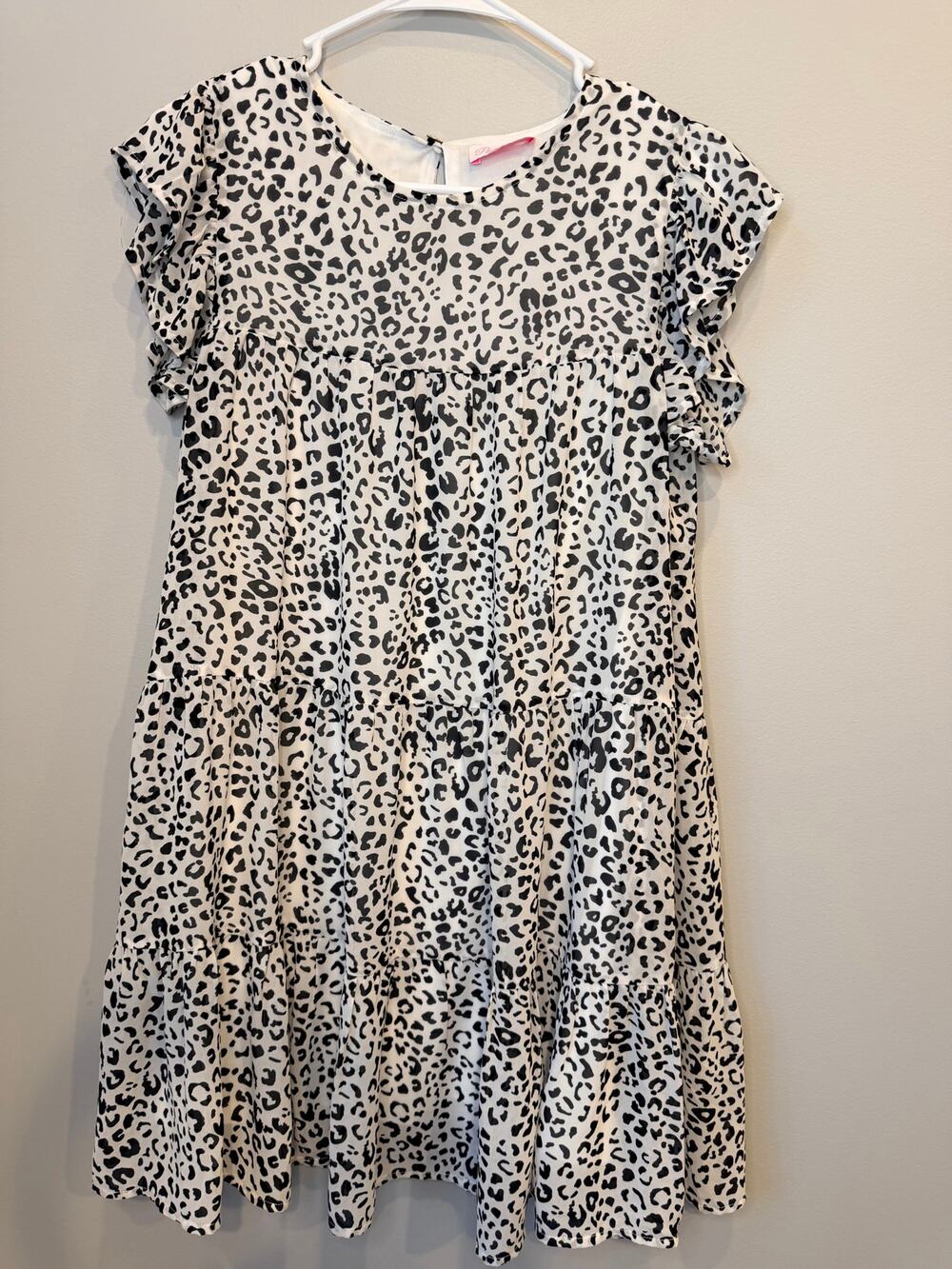 Pink Lily Leopard Print Ruffle Sleeve Tiered Babydoll Dress White Black Size S
